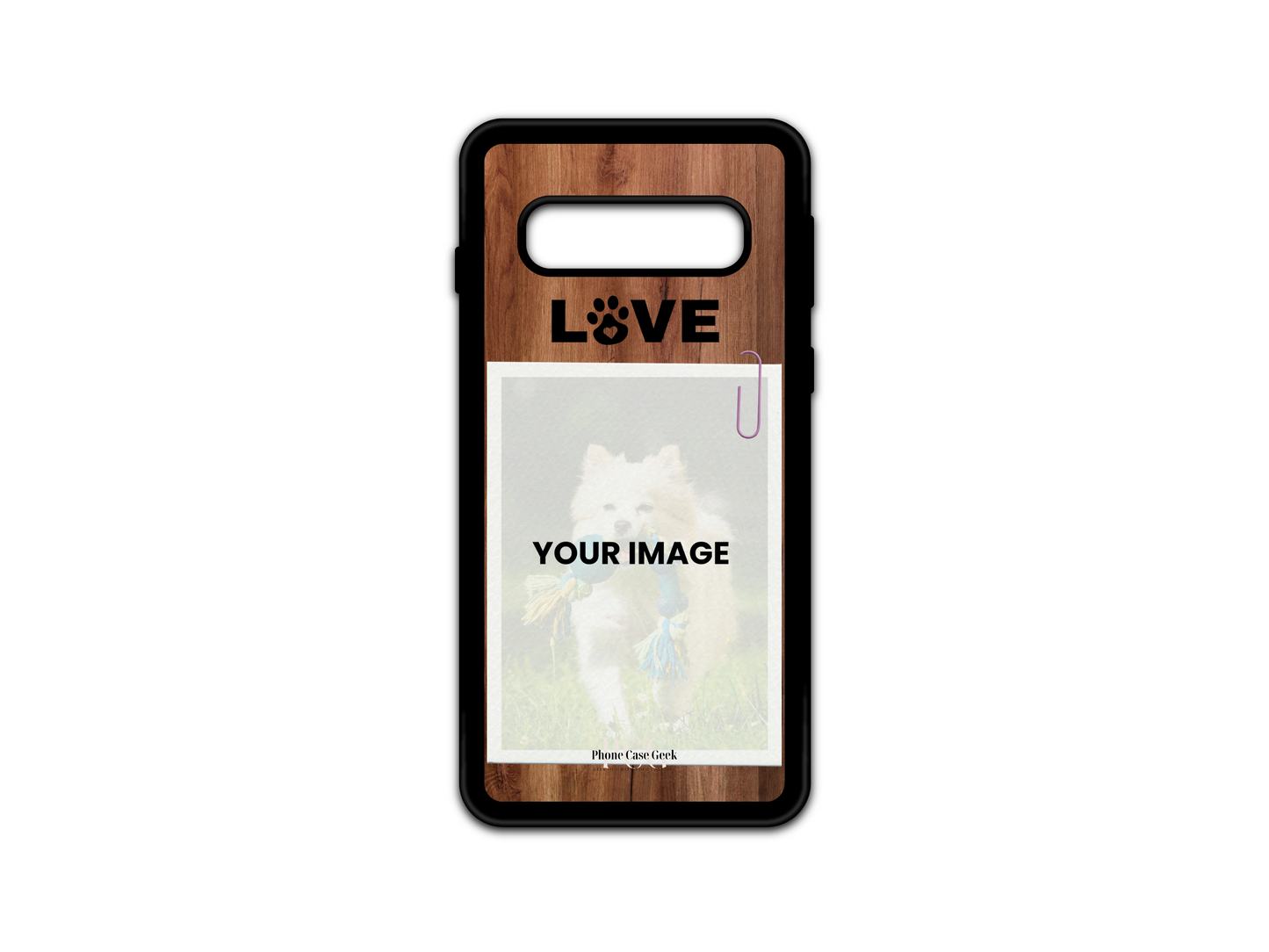 Template for pet custom phone case for Samsung Galaxy S10 5G and S10 with wood pattern background, featuring placeholder for pet photo and 'Love' text about the image