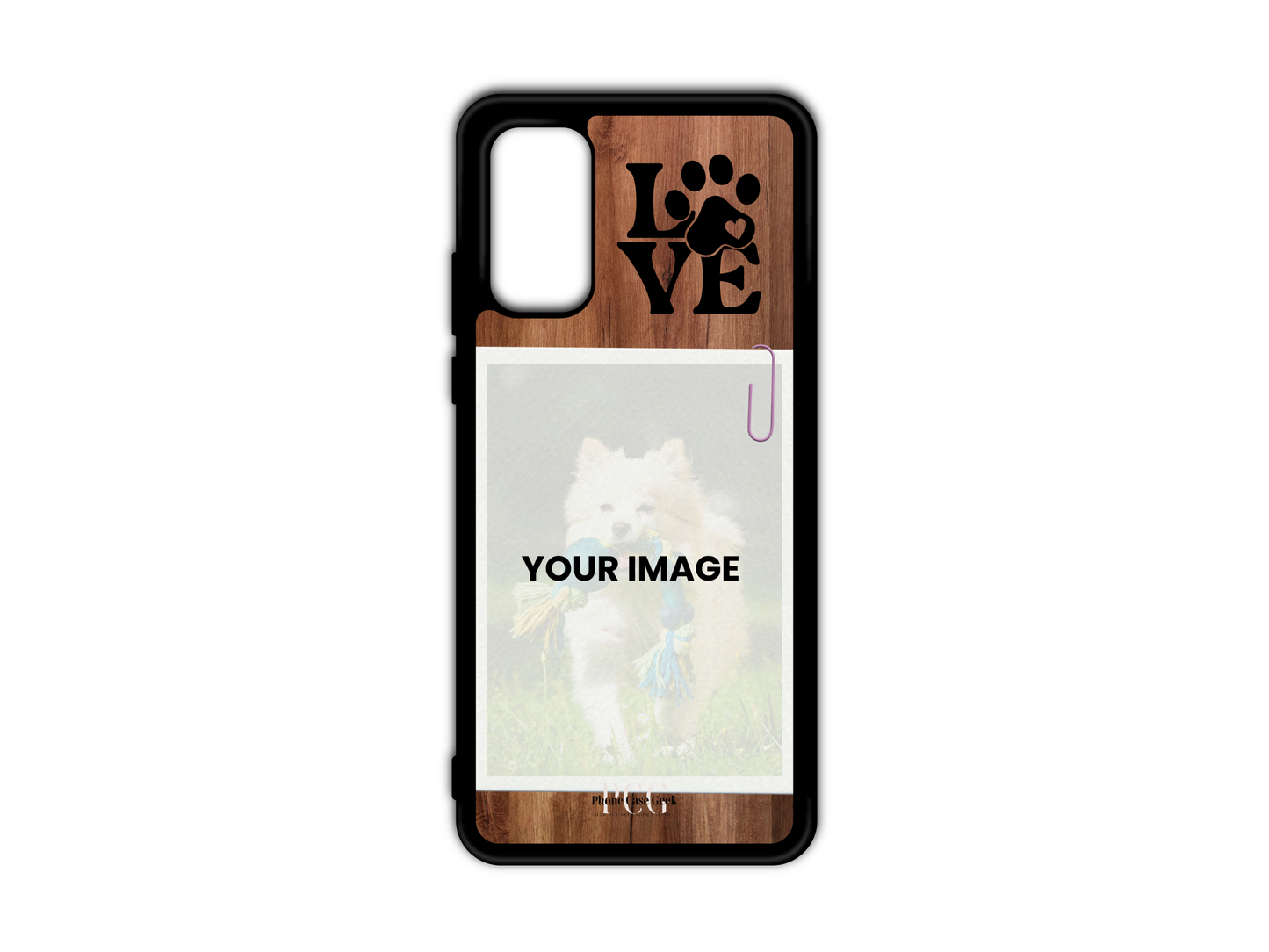 Template for pet custom phone case for Samsung Galaxy S20, S20 Ultra, and S20 FE with dark wood pattern background, featuring placeholder for pet photo and 'Love' text in the upper right corner.