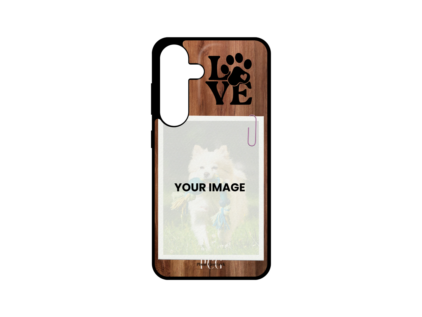 Template for pet custom phone case for Samsung Galaxy S24, S23, S22, and S21 with dark wood pattern background, showing placeholder for pet photo and 'Love' text in the upper right corner.