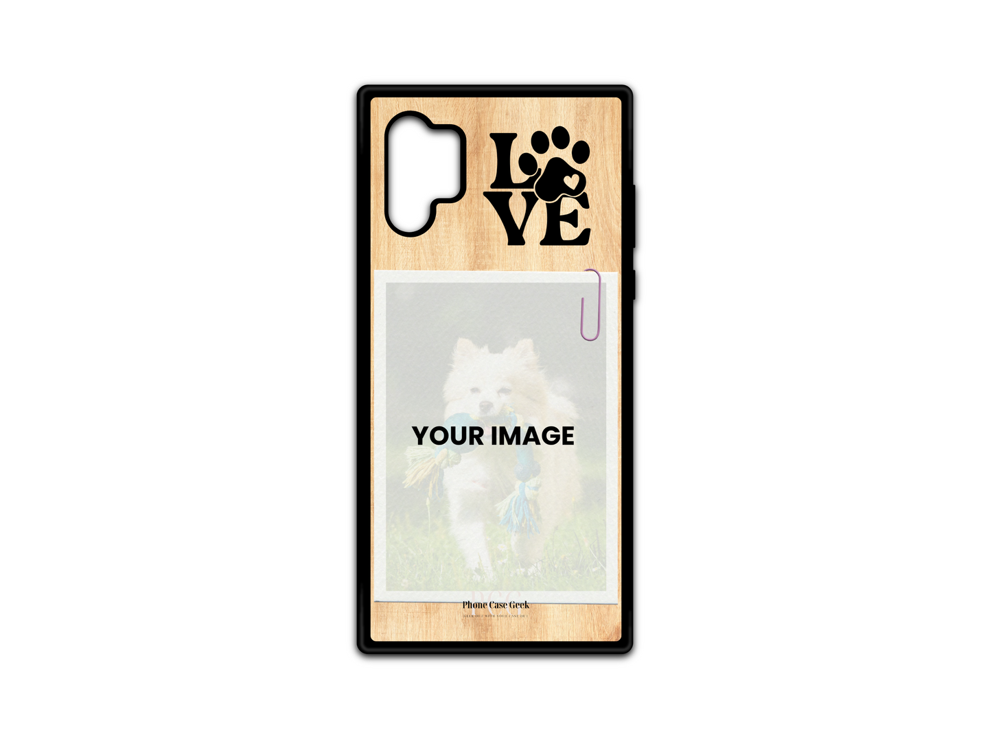 Template for pet custom phone case for Samsung Galaxy Note 10 with light wood pattern background, featuring placeholder for pet photo and 'Love' text in the upper right corner.