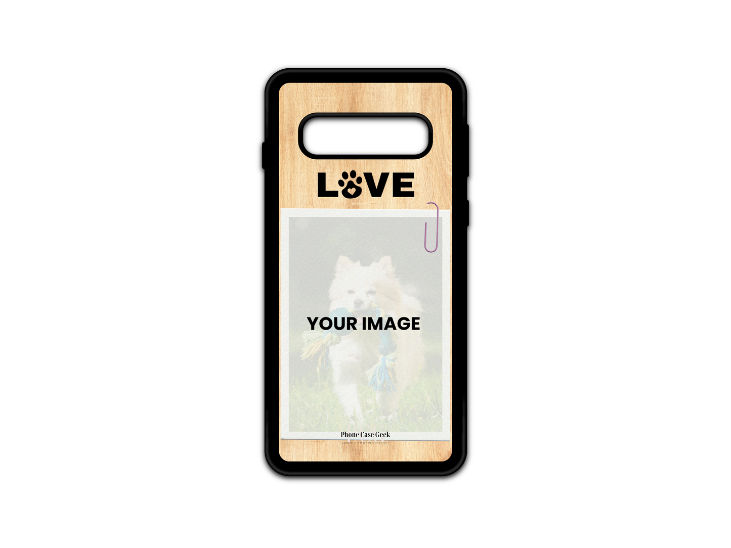 Template for pet custom phone case for Samsung Galaxy S10 5G and S10 with light  wood pattern background, featuring placeholder for pet photo and 'Love' text in the upper right corner.