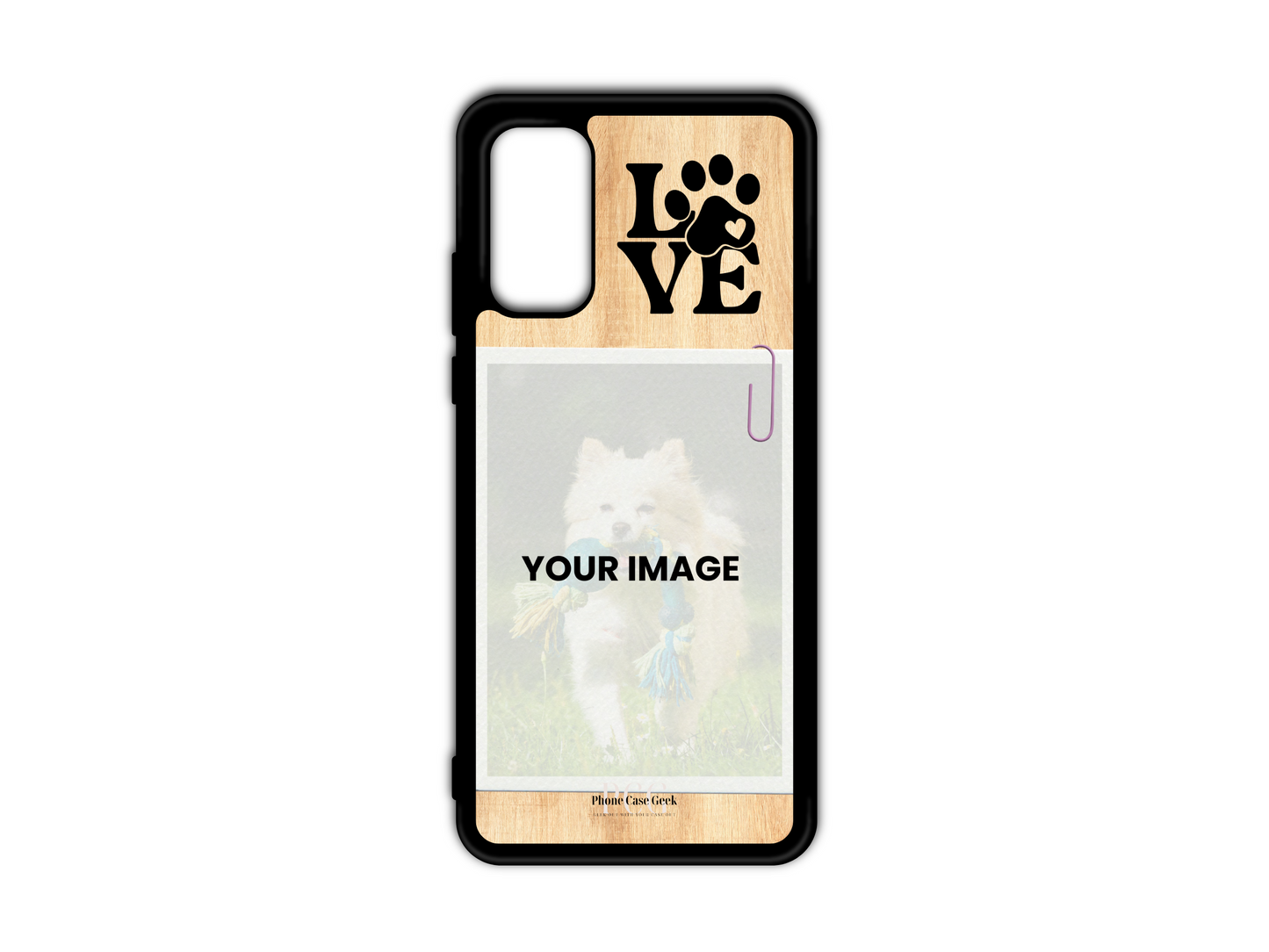 Template for pet custom phone case for Samsung Galaxy S20, S20 Ultra, and S20 FE with light wood pattern background, featuring placeholder for pet photo and 'Love' text in the upper right corner.