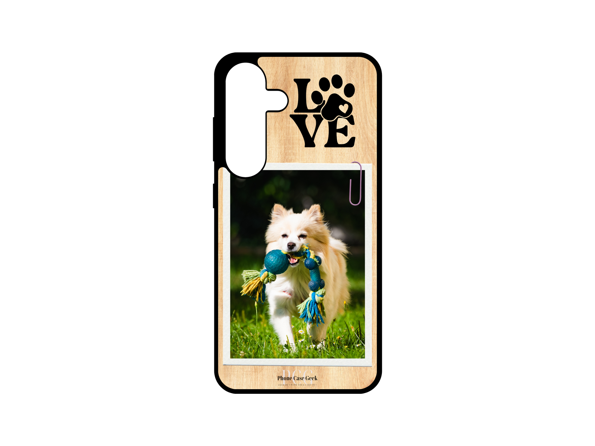 Custom pet phone case with a light wood pattern design, featuring an image of a dog and the word 'Love' in the upper right corner for the Samsung Galaxy models S24, S23, S22, and S21.