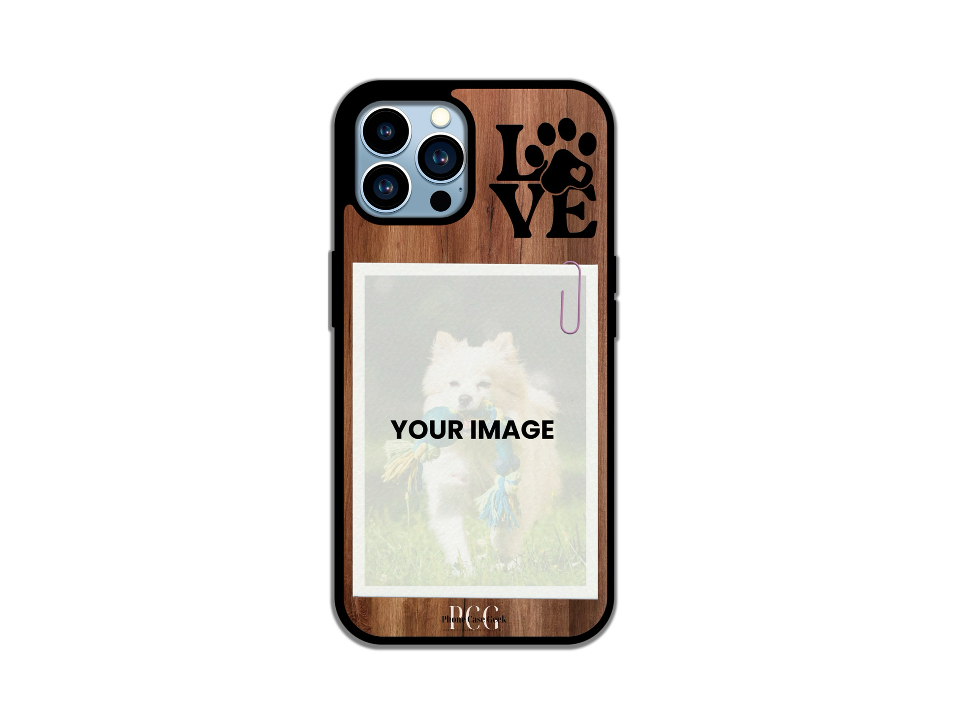 Template layout for Pet Custom Phone Case for iPhone with dark wood pattern background, showcasing photo placement options and a 'love' design in the upper right corner.