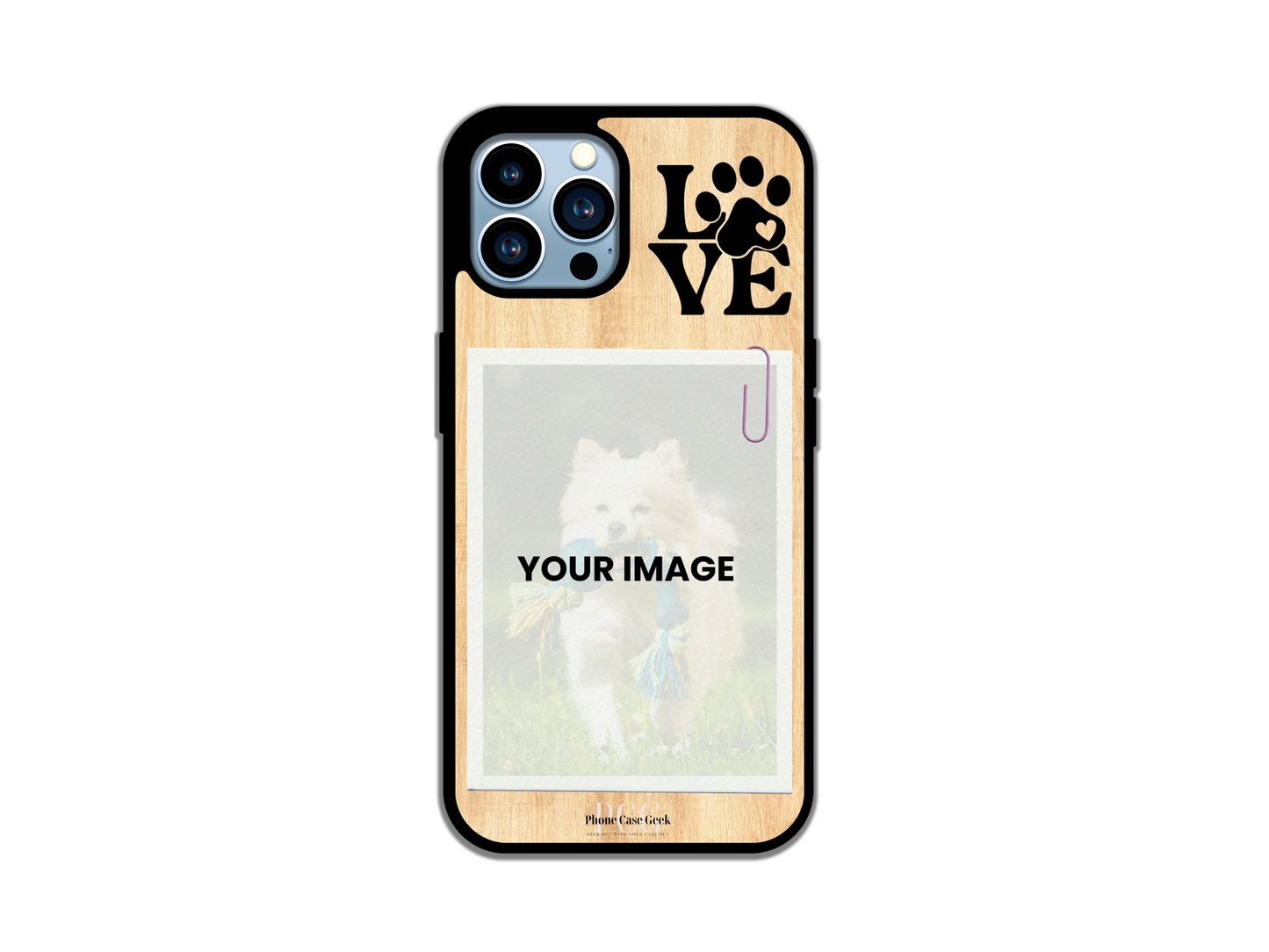 Template layout for Pet Custom Phone Case for iPhone with light wood pattern background, showcasing photo placement options and a 'love' design in the upper right corner.