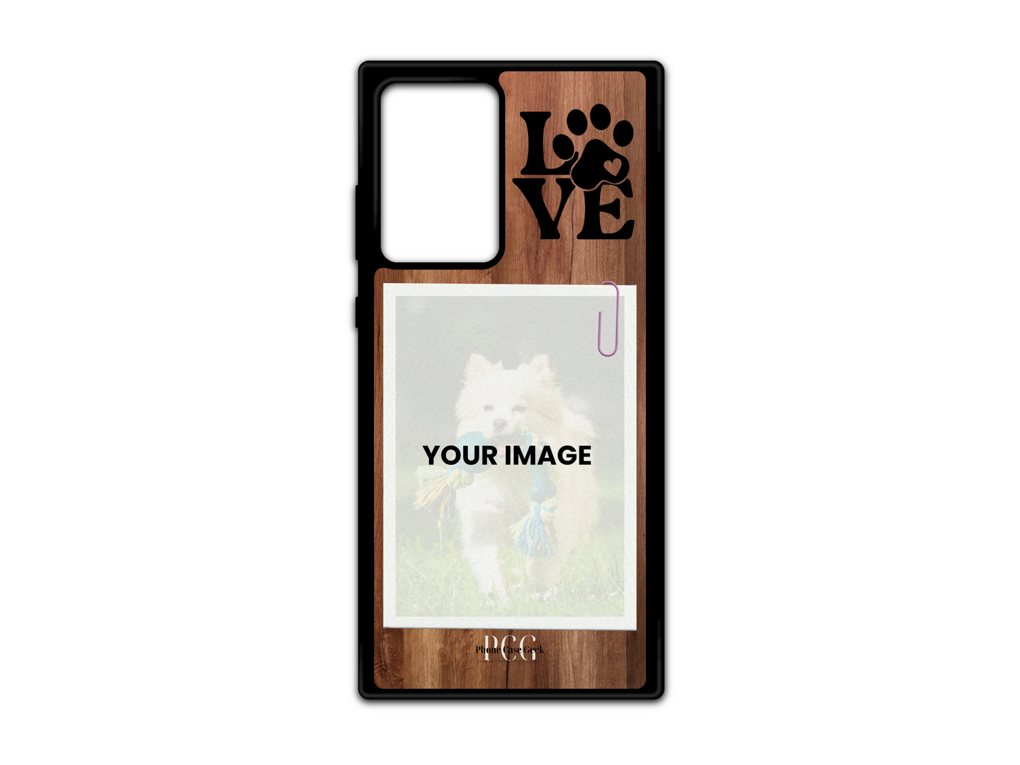 Template for pet custom phone case for Samsung Galaxy S21 Ultra, Note20, and Note20 Ultra with dark wood pattern background, featuring placeholder for pet photo and 'Love' text in the upper right corner."