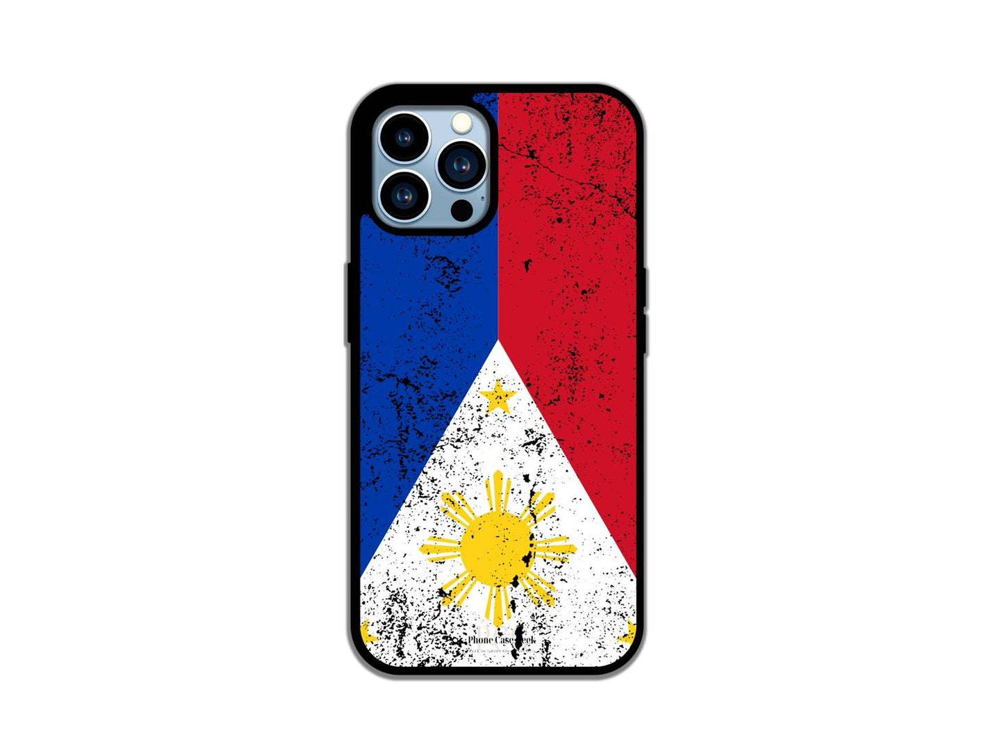 A Philippine flag grunge phone case for iPhone, featuring a distressed and artistic design of the Philippine flag, capturing the vibrant colors and unique symbolism in a stylish, worn texture.