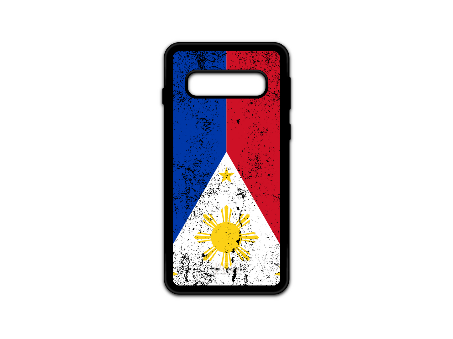 Philippine Flag Grunge Phone Case for Samsung Galaxy S10. This custom case features a distressed, grunge-style rendition of the Philippine flag, adding a rugged and stylish touch to your Galaxy S10.