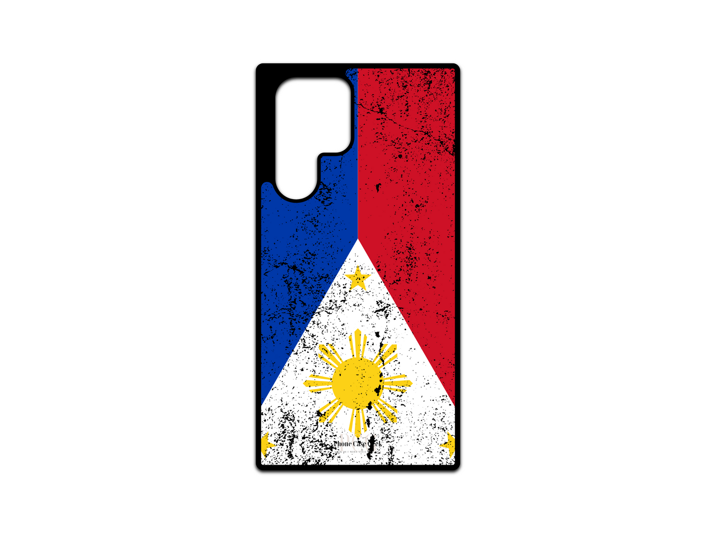 Philippine Flag Grunge Phone Case for Samsung Galaxy S24 Ultra, S23 Ultra, S22 Ultra. This custom case showcases a rugged, grunge-style version of the Philippine flag, offering a unique and bold look for your Samsung Galaxy Ultra series phone.