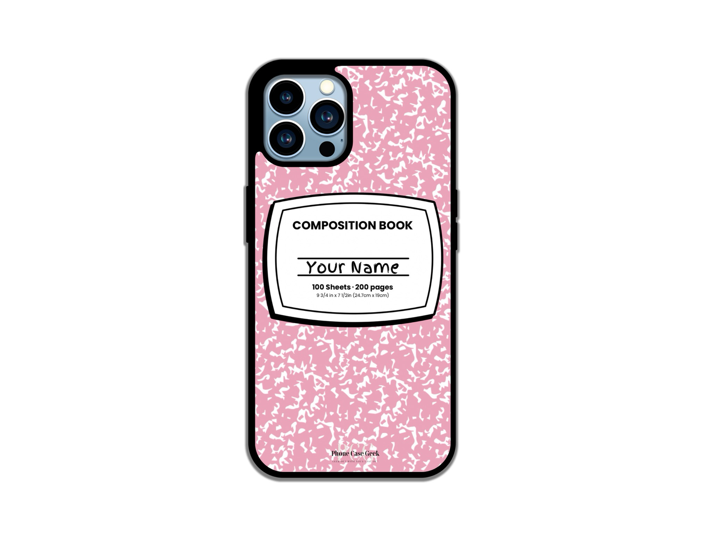 Notebook phone case for iPhone featuring a pink composition notebook design with customizable name across the front.