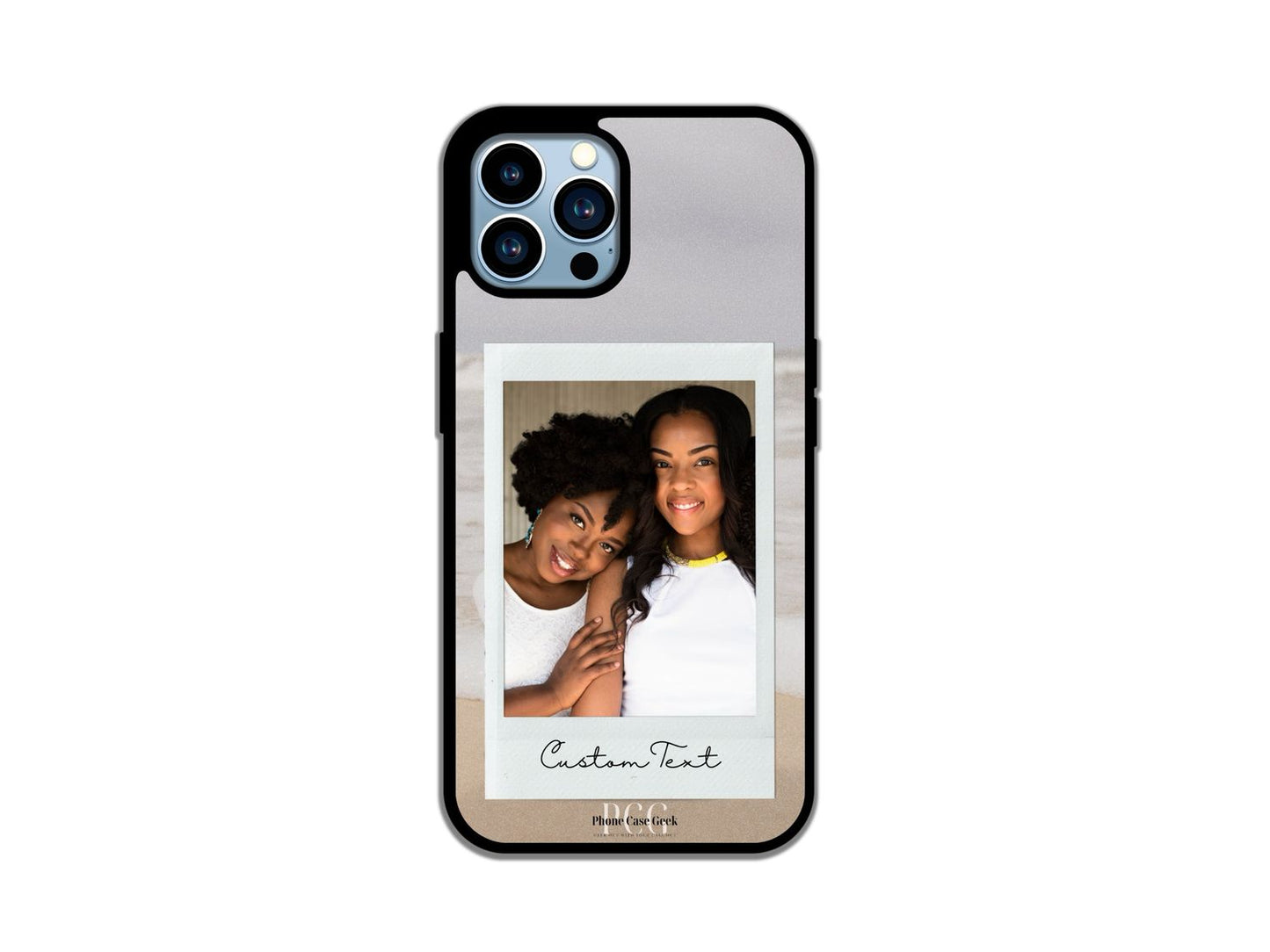 Example of Polaroid & Text Custom Phone Case for iPhone featuring a beach background with a photo of a mother and daughter in the center. and custom text at the bottom.