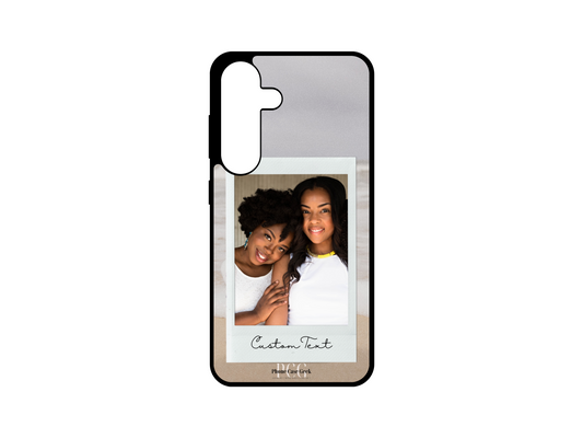 Example of Polaroid & Text custom phone case for Samsung Galaxy S24, S23, S22, and S21 featuring a beach background with a Polaroid picture of a mom and daughter, and custom text at the bottom.