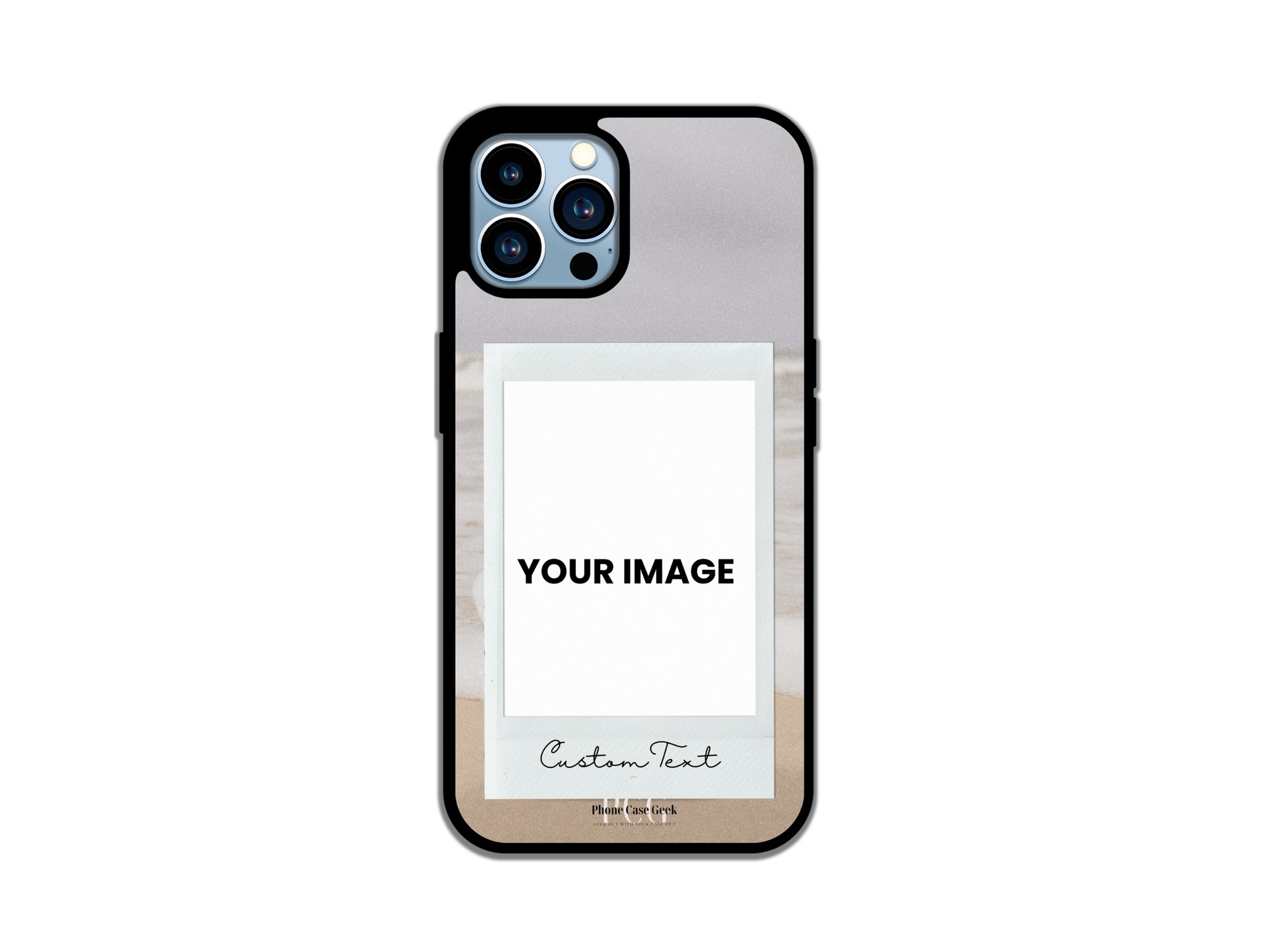 Template layout for Polaroid & Text Custom Phone Case for iPhone, showcasing design options with a beach background and placeholder for a central polaroid image and custom text at the bottom.