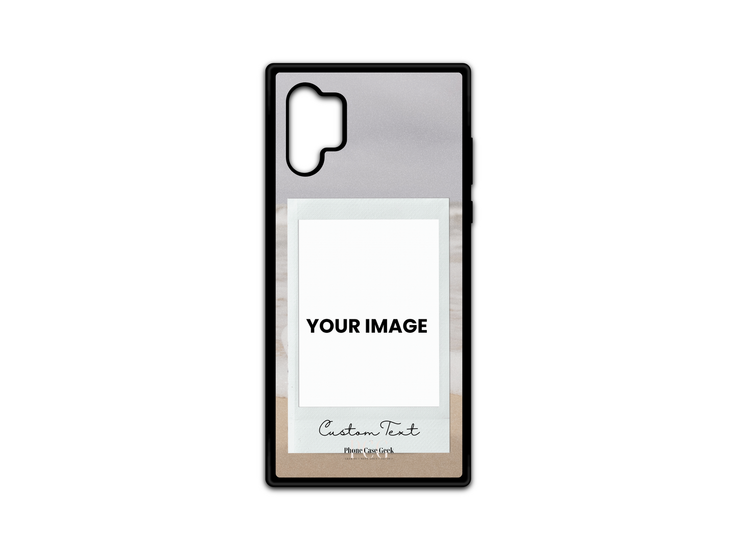 Template for Polaroid & Text custom phone case for Samsung Galaxy Note 10, featuring a placeholder for a Polaroid picture and custom text at the bottom with a beach background.