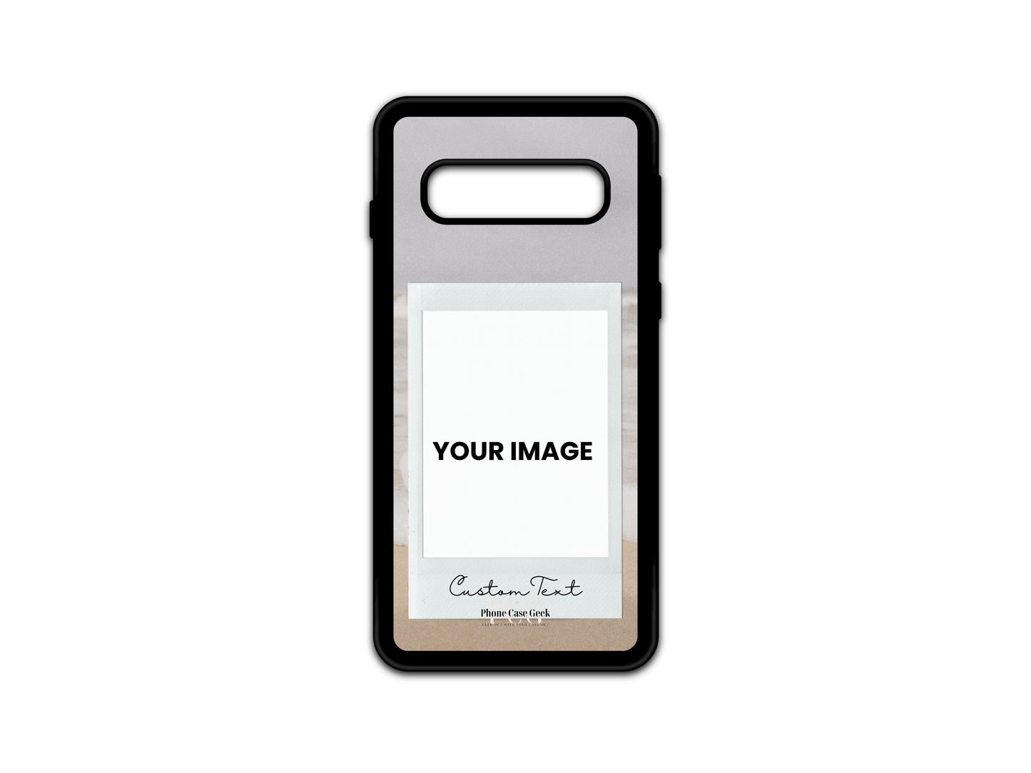 Template for Polaroid & Text custom phone case for Samsung Galaxy S10 and S105G, featuring a placeholder for a Polaroid picture and custom text at the bottom with a beach background.