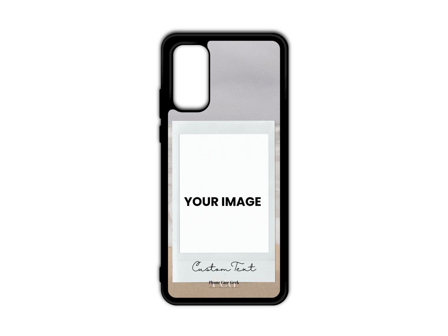 Template for Polaroid & Text custom phone case for Samsung Galaxy S20, S20 Ultra, and S20 FE, featuring a placeholder for a Polaroid picture and custom text at the bottom with a beach background.