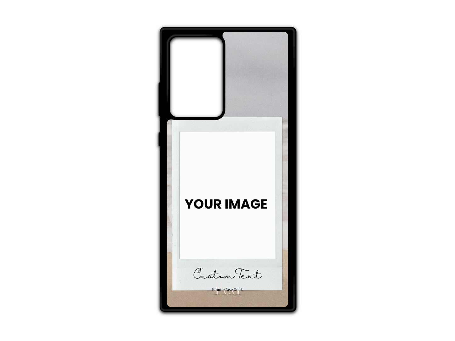 Template for Polaroid & Text custom phone case for Samsung Galaxy S21 Ultra, Note 20, and Note 20 Ultra, featuring a placeholder for a Polaroid picture and custom text at the bottom with a beach background.