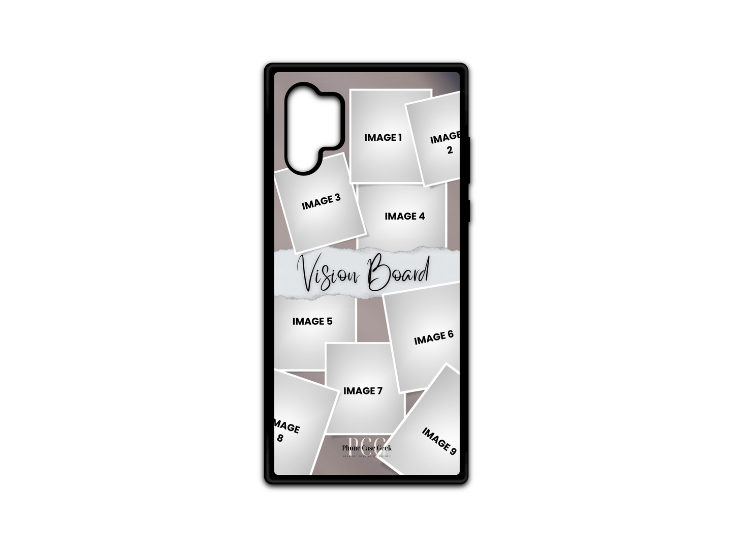 Visual layout of the 9-photo vision board collage custom case for the Samsung Galaxy Note 10, showing photo placements and design arrangements.