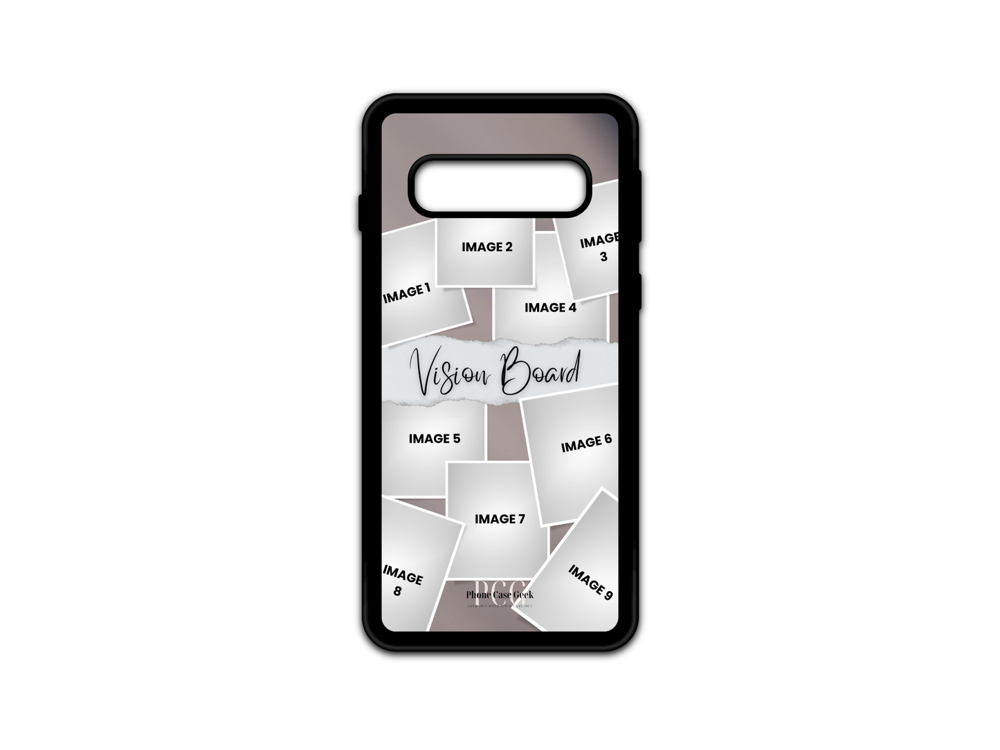 Visual layout of the 9-photo vision board collage custom case for the Samsung Galaxy S10, showing photo placements and design arrangements.