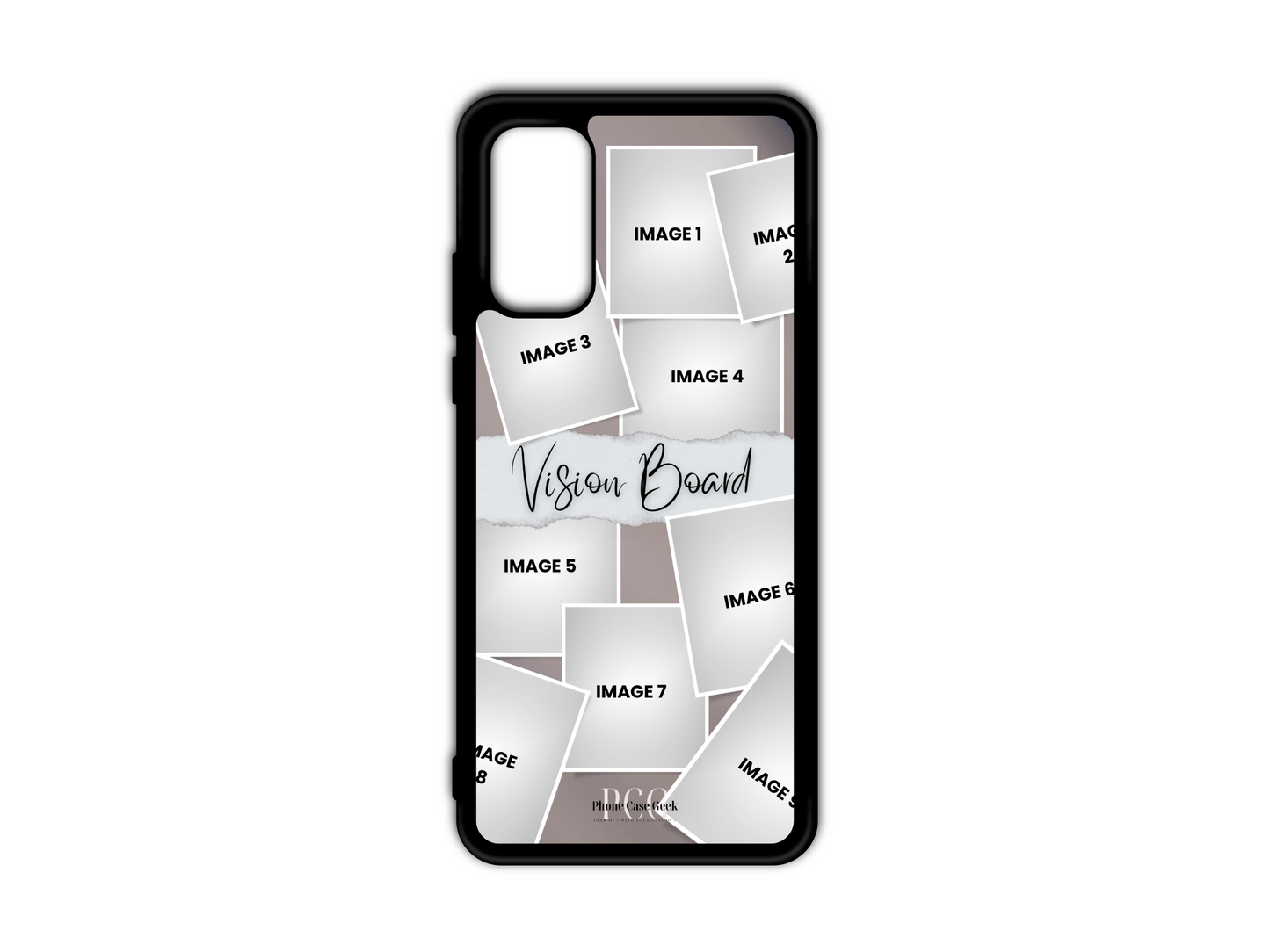 Visual layout of the 9-photo vision board collage custom case for the Samsung Galaxy S20, S20 Ultra, and S20fe showing photo placements and design arrangements.