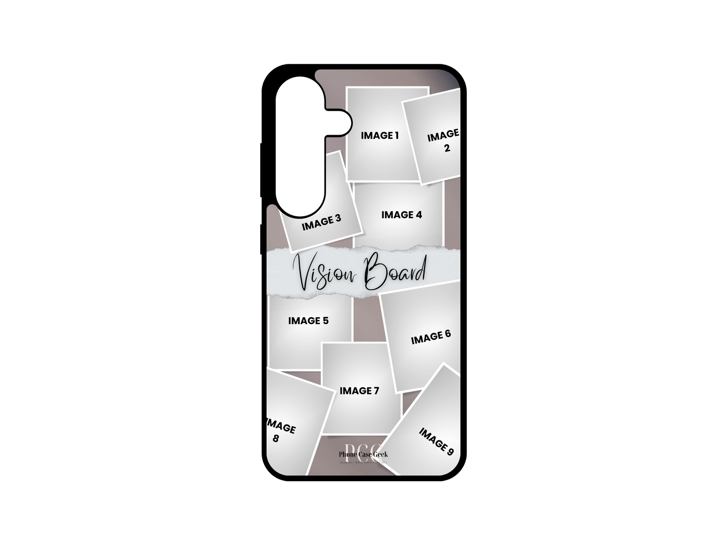 Visual layout of the 9-photo vision board collage custom case for the Samsung Galaxy S24, S23, S22, and S21 showing photo placements and design arrangements.