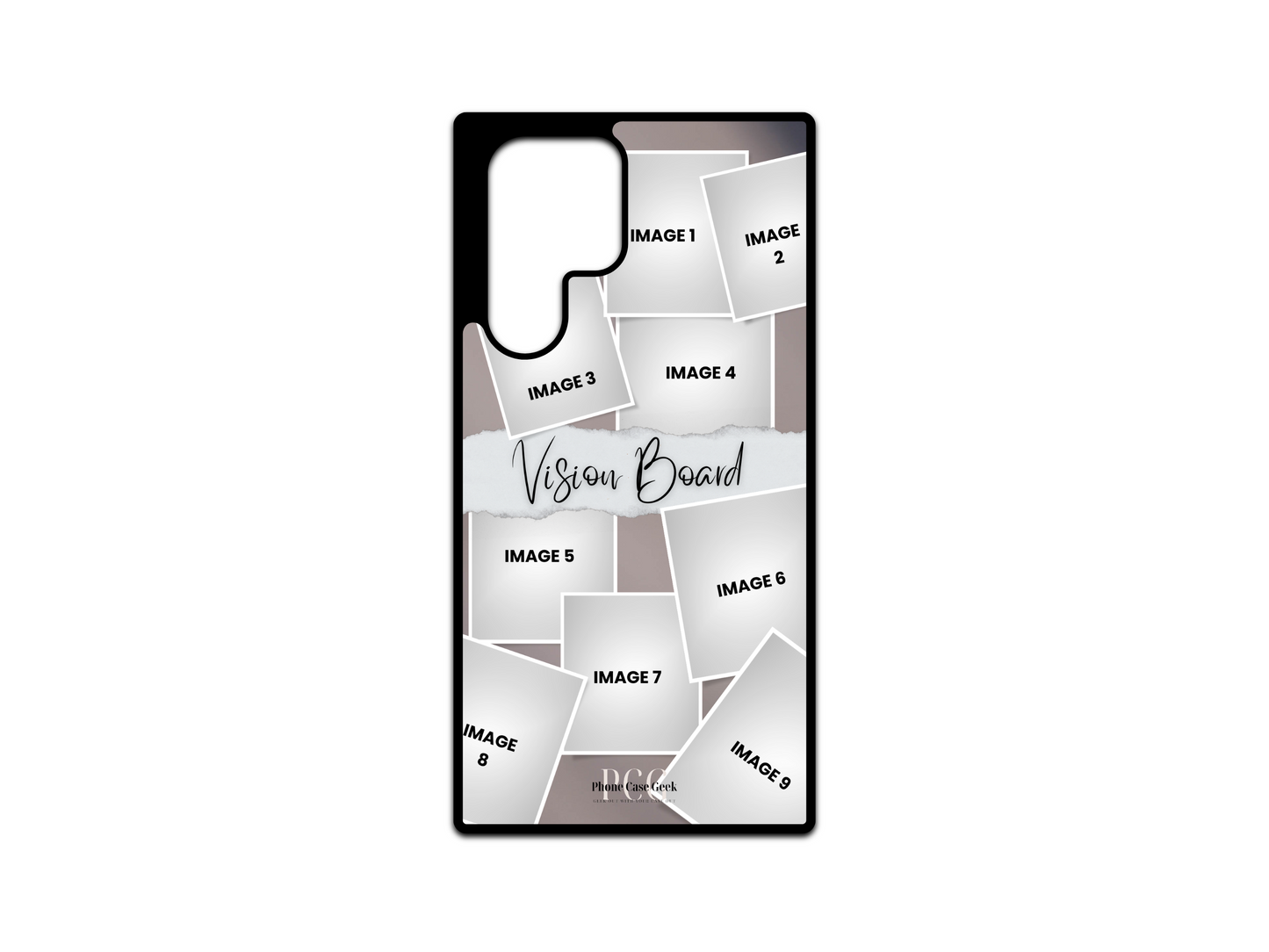 Visual layout of the 9-photo vision board collage custom case for the Samsung Galaxy S24 Ultra, S23 Ultra, and S22 Ultra showing photo placements and design arrangements.