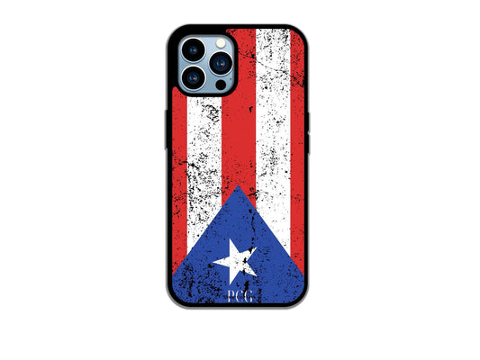 A Puerto Rican flag grunge phone case for iPhone, featuring a distressed design that highlights the vibrant colors of the Puerto Rican flag, combining style and cultural pride.