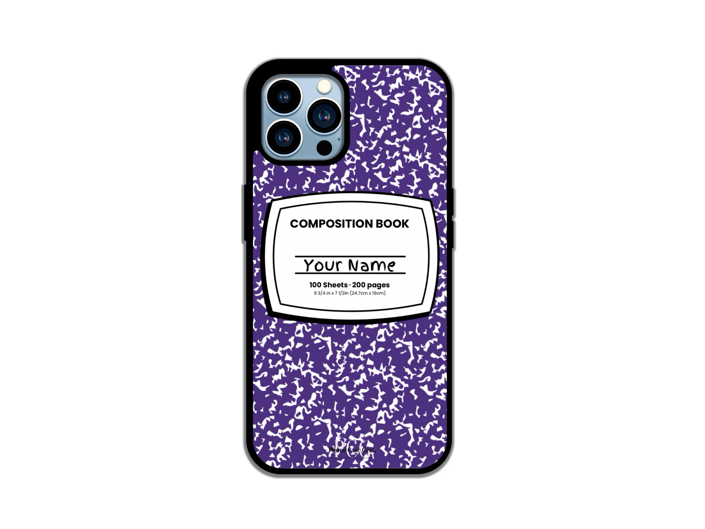 Notebook phone case for iPhone featuring a purple composition notebook design with customizable name across the front.