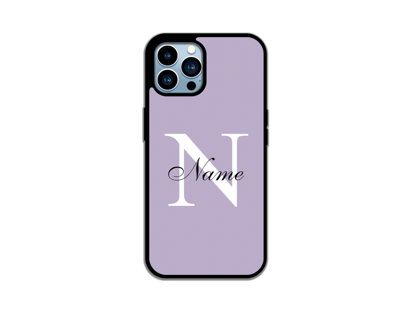 Personalized monogram name custom iPhone phone case with customizable initial and name displayed across purple color options.