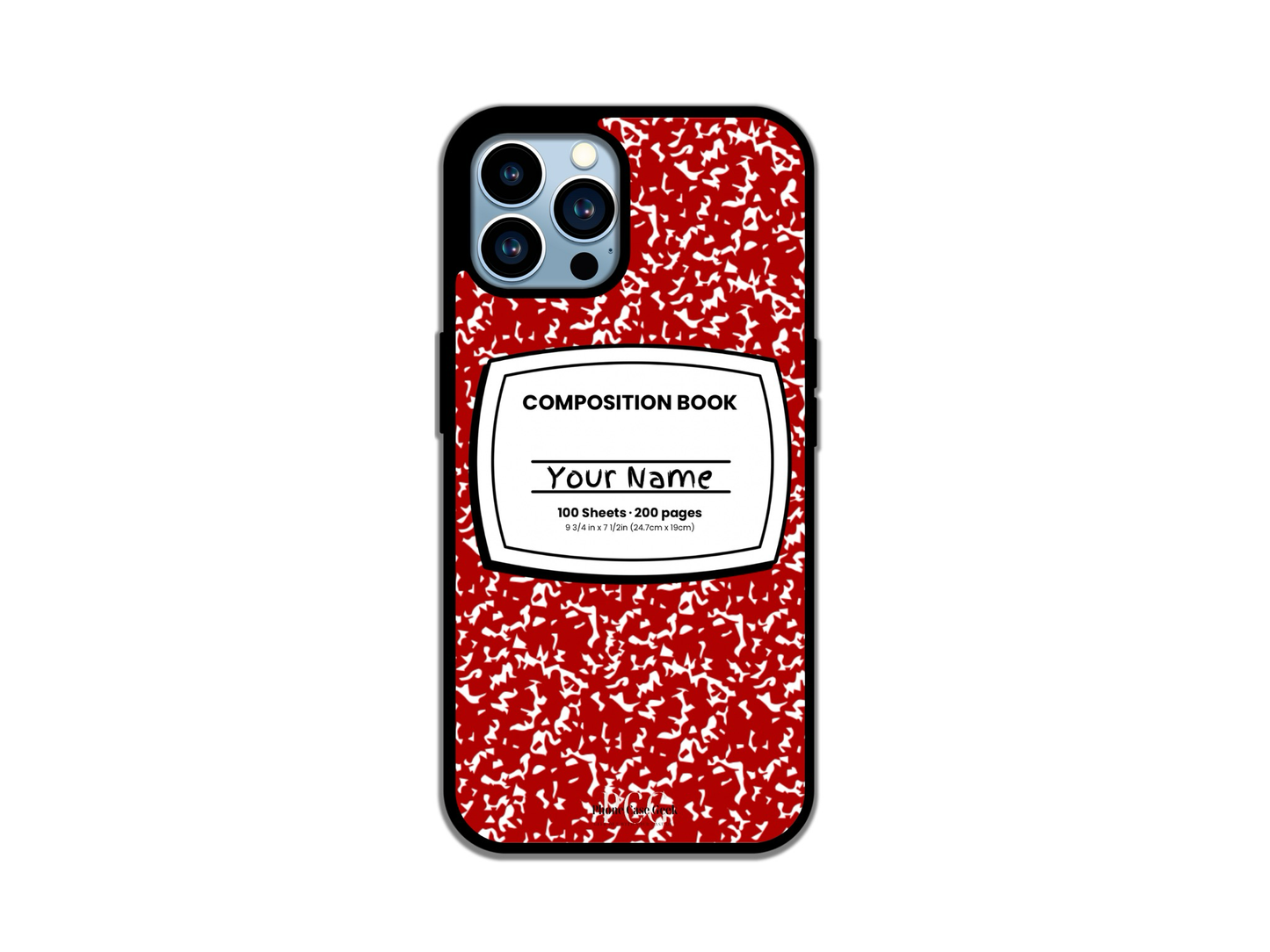 Notebook phone case for iPhone featuring a red composition notebook design with customizable name across the front.