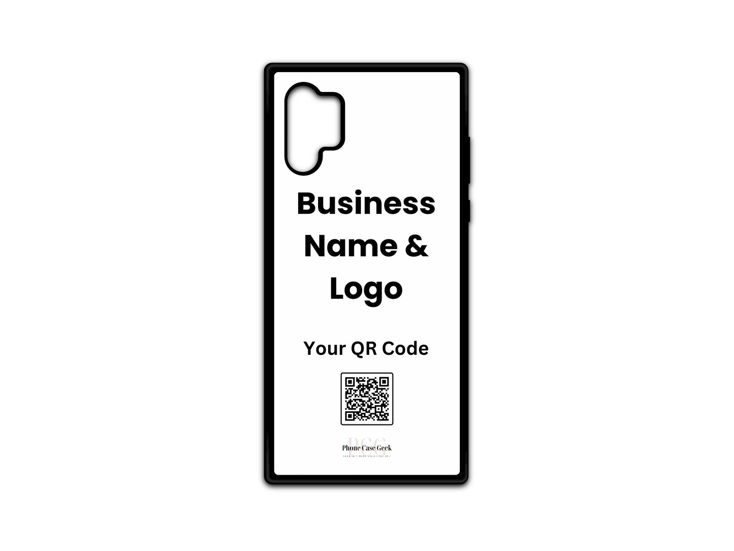 Template design for a custom business logo and QR code phone case for Samsung Galaxy Note 10, showcasing layout placement for personalization.