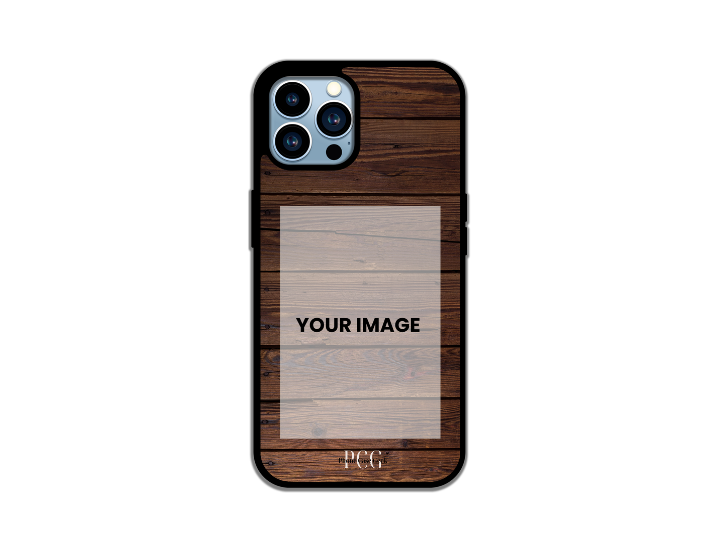 Template layout for a custom phone case for iPhone in a wood pattern design, demonstrating photo placement options for personalized image.