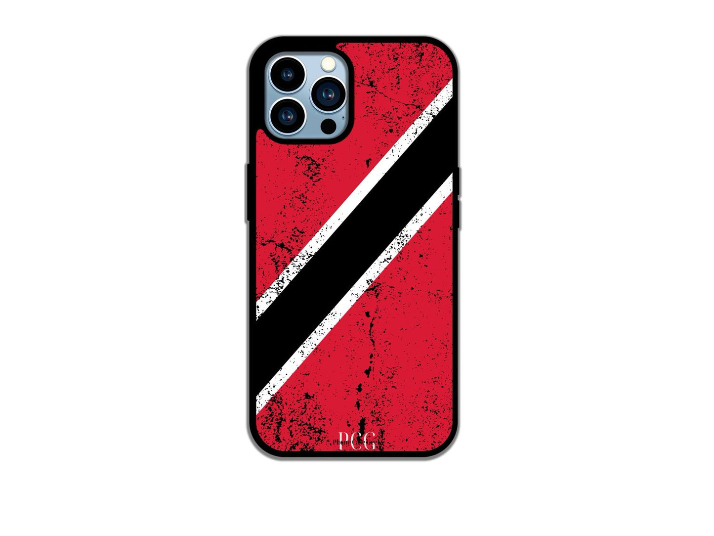 A Trinidad and Tobago flag grunge phone case for iPhone, showcasing a textured, distressed design of the bold red, black, and white colors of the national flag.