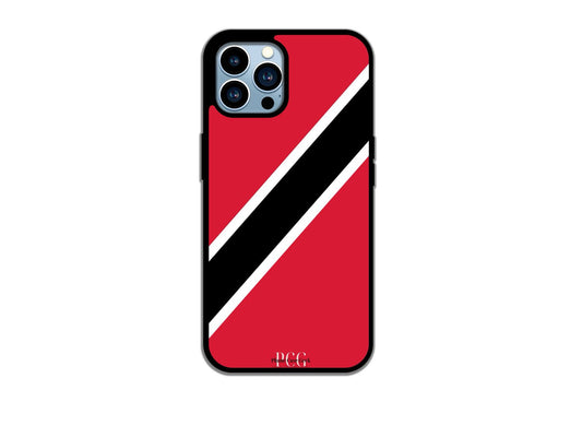 A Trinidad and Tobago flag phone case for iPhone, showcasing the bold red, black, and white colors of the national flag in a stylish and vibrant design.